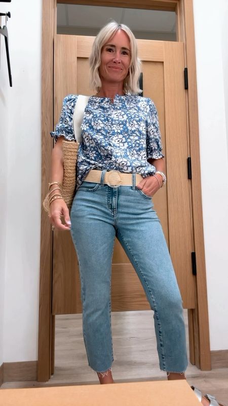 Small in the top (sized up)
Jeans in 25 petite.  Also liked the 24 regular.  I am 5’2”
On sale
Use code Summertime
Jcrew 
Summer outfit 