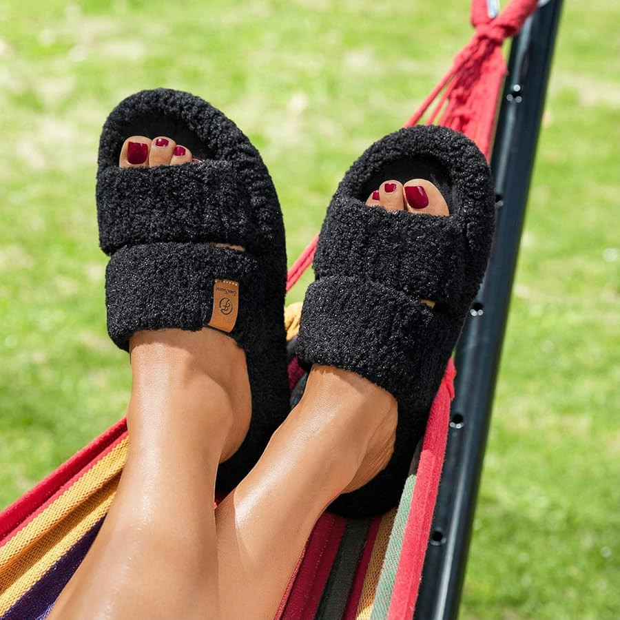 EverFoams Womens Fuzzy Open-toe Slippers Soft Comfy Memory Foam Indoor House Shoes | Amazon (US)