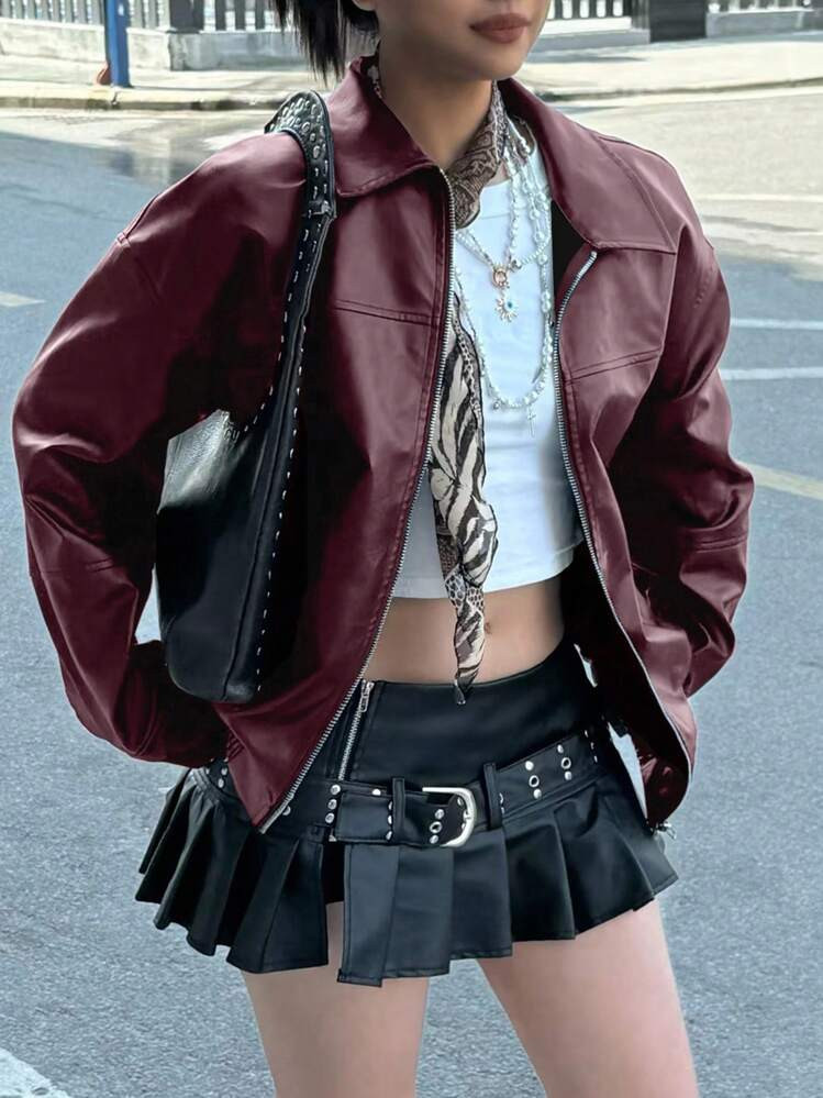 INAWLY Autumn/Winter Loose Fit Long Sleeve Faux Leather Jacket, Motorcycle Style For Women Fall Cloth For Women | SHEIN