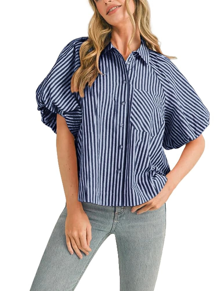 Women's Striped Button Down Shirt Puff Sleeve Collared V Neck Loose Casual Dressy Blouse Top | Amazon (US)