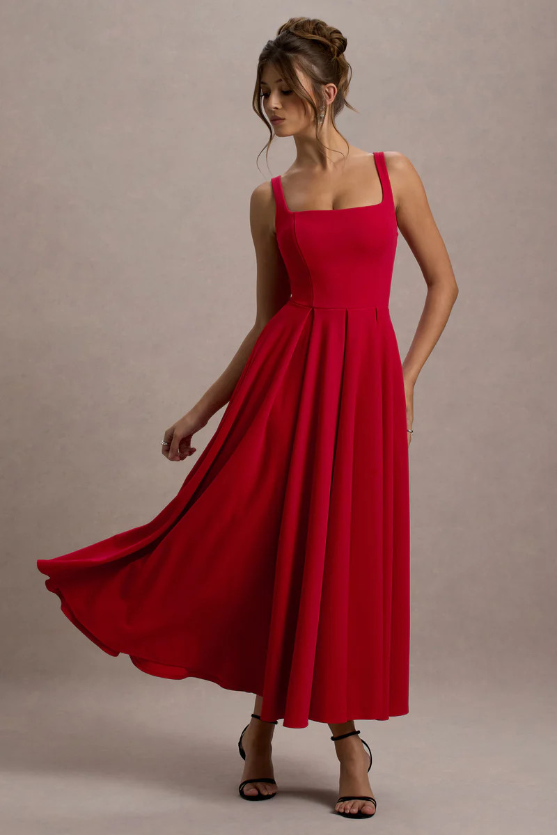 Parina | Red Strappy Volume-Hem Midi Dress | Club L London