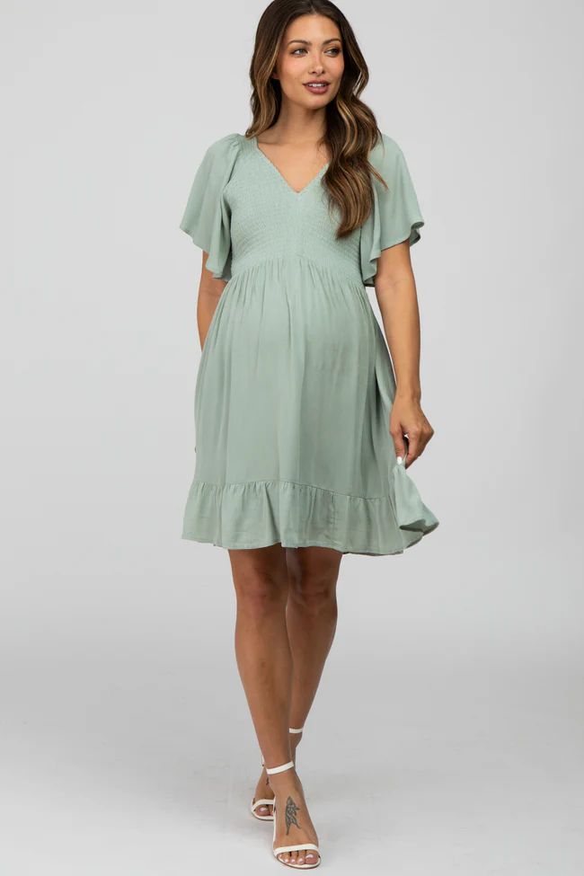Mint Green Smocked Front Ruffle Hem Maternity Dress | PinkBlush Maternity