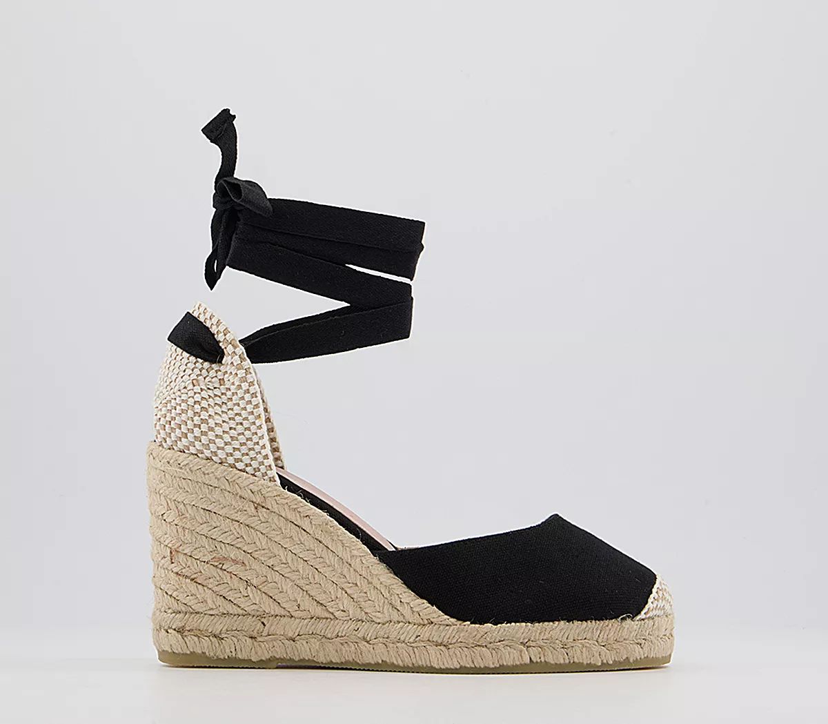 OFFICE
								Marmalade Ankle Tie Part Mid Heel Espadrille Wedges
								Black Canvas | OFFICE London (UK)