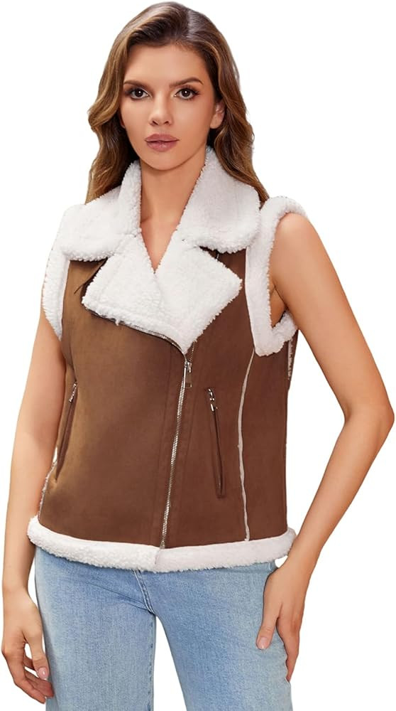 DIASHINY Women’s Fur Suede Vest Winter Warm Sherpa Leather Fur Lined Vest | Amazon (US)