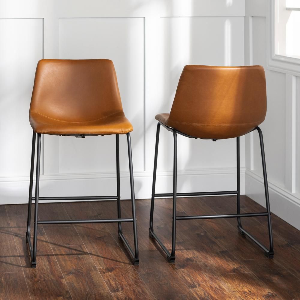 Walker Edison 24 in Whiskey Brown Faux Leather Counter Stool Set of 2-HDHL26WB - The Home Depot | The Home Depot