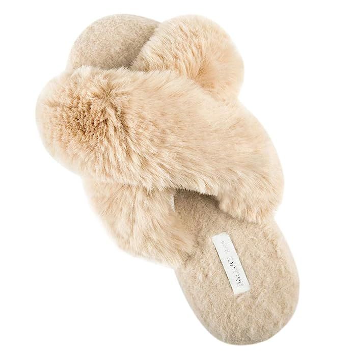 Women's Cross Band Soft Plush Fleece House/Outdoor Slippers | Amazon (US)