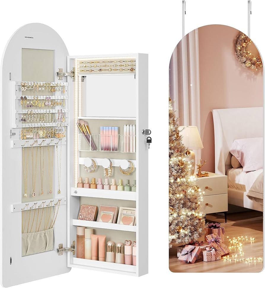 SONGMICS Wide Jewelry Organizer, LED Jewelry Cabinet Wall/Door Mounted, Arched Mirror with Storag... | Amazon (US)