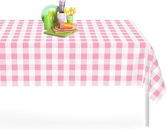 Pink Checkered Gingham 6 Pack Premium Disposable Plastic Tablecloth 54 Inch. x 108 Inch. Rectangl... | Amazon (US)