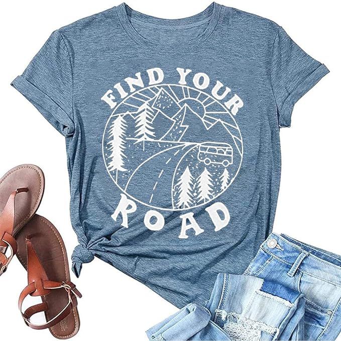 Women Find Your Road Shirt Funny Letter Graphic Printed Casual Summer Loose Fit Short Sleeve Cott... | Amazon (US)