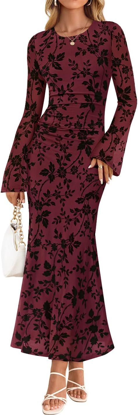 ZESICA Womens Long Sleeve Floral Fall Bodycon Ruched Mesh Maxi Formal Dress | Amazon (US)