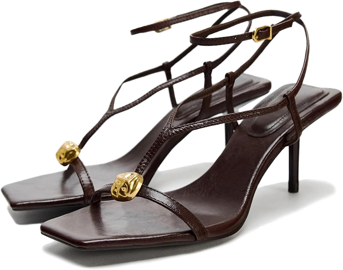 Lymphvity Metal Buckle Strappy Stilettos for Women Open Square Toe Heeled Sandals Rear Strap Sexy... | Amazon (US)
