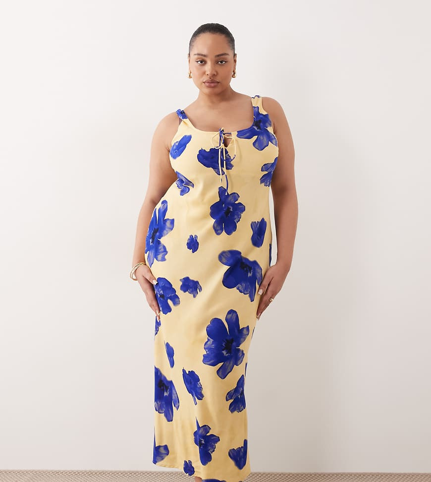 ASOS DESIGN Curve scoop neck tie front midi dress in blown out blue floral-Multi | ASOS (Global)