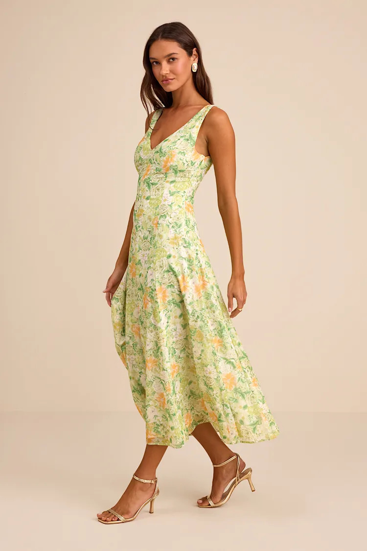 Your Only Darling Green Floral Print Sleeveless Midi Dress | Lulus