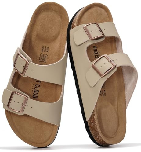 Project Cloud Women's Slide Sandal, Venita, Beige, Genuine Leather, Memory Foam, Cork Footbed, Adjustable Strap, 10 US, Casual, Fashion-Conscious Consumers | Amazon (US)