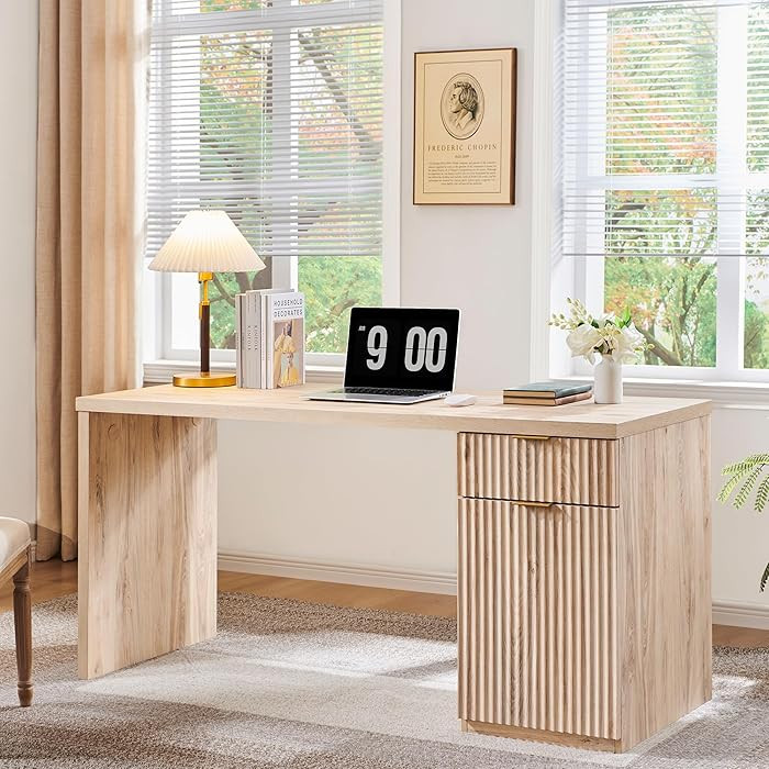 JXQTLINGMU 60" Modern Executive Desk with Storage, Wood Home Office Desk with Drawer & Cabinet, F... | Amazon (US)