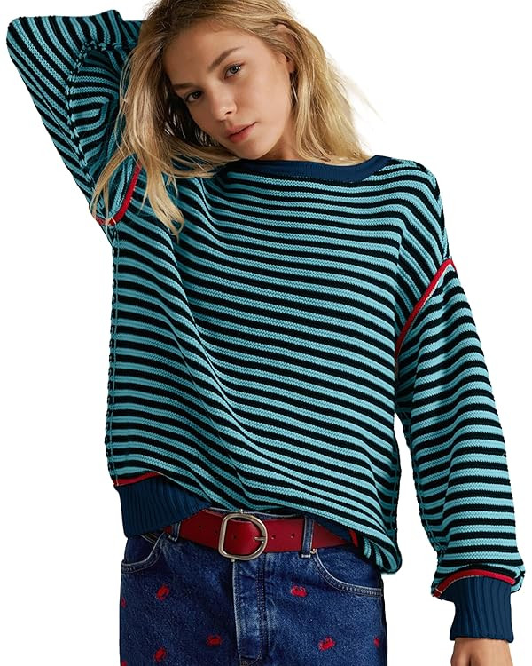 Hixiaohe Oversized Sweaters for Women Striped Cute Knit Sweater Long Sleeve Crew Neck Pullover To... | Amazon (US)