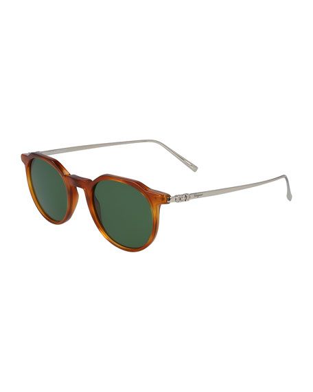 Salvatore Ferragamo Men's Round Metal/Acetate Gancini Sunglasses | Neiman Marcus