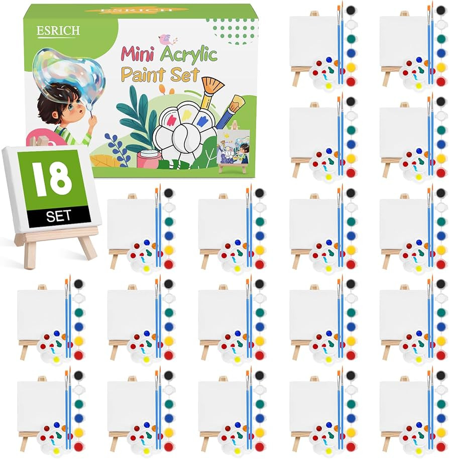 ESRICH 18 Set Mini Acrylic Paint Kit, Minis Stretched Canvas with Easel, Acrylic Paint Strips, Pa... | Amazon (US)