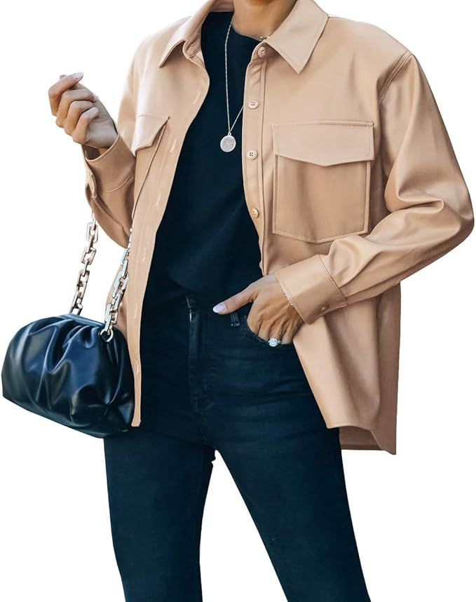 FERNGIRL Womens Button Front Faux PU Leather Jacket Shacket Casual Shirt Long Sleeve Blazer Coat ... | Amazon (US)