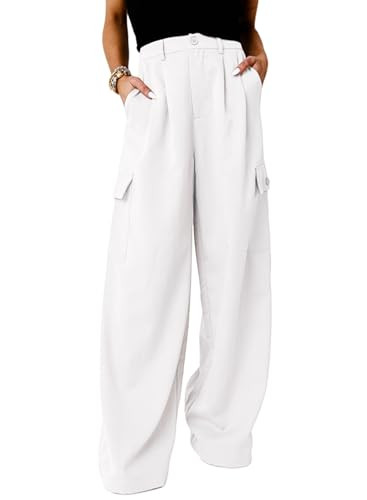 Dokotoo Lounge Women's Pants 2024 Fall Palazzo Dress Pants for Women High Waisted with Pockets Jogger Stretchy Clothing Cargo Pants White | Amazon (US)