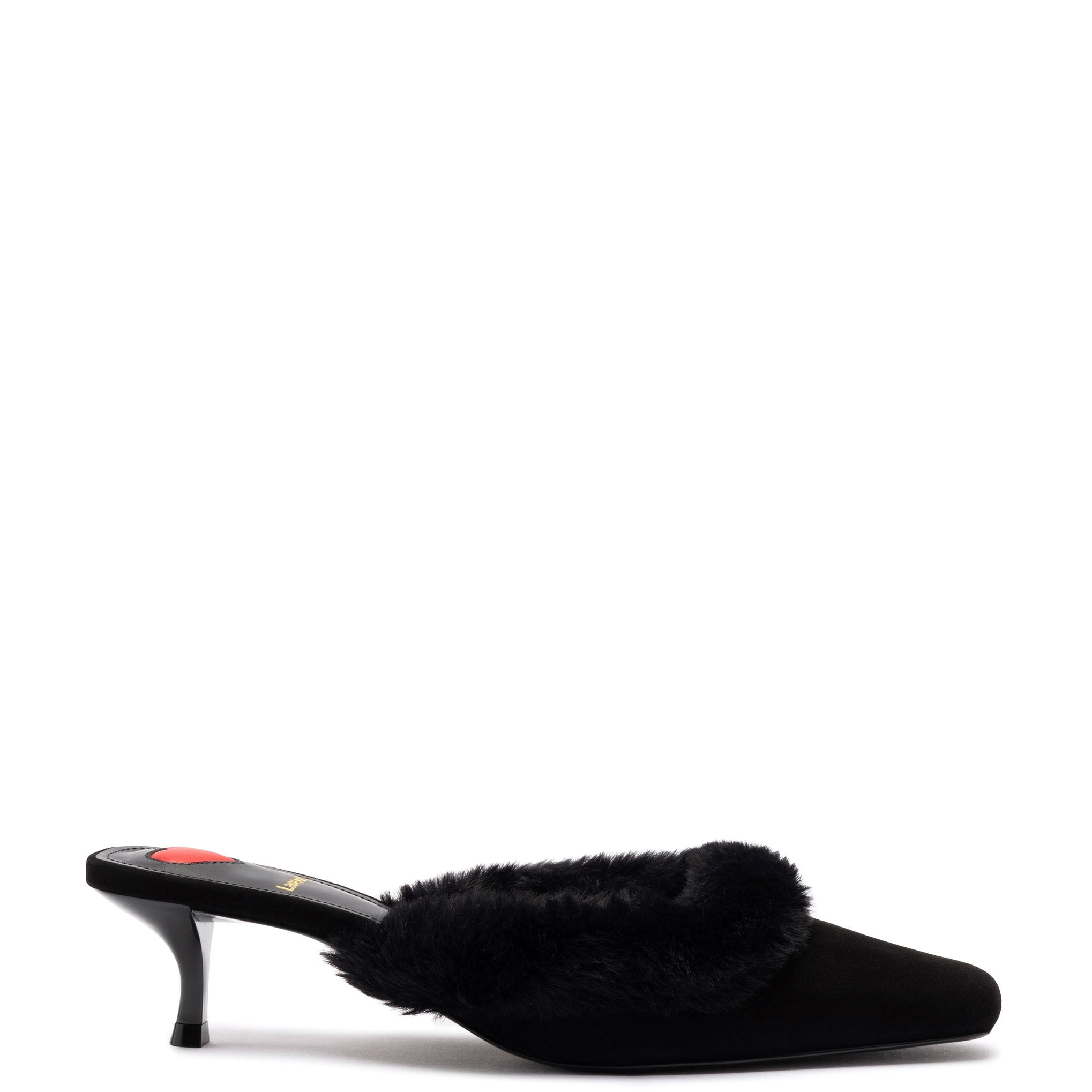 Amal Faux Fur Mule In Black Suede | Larroude