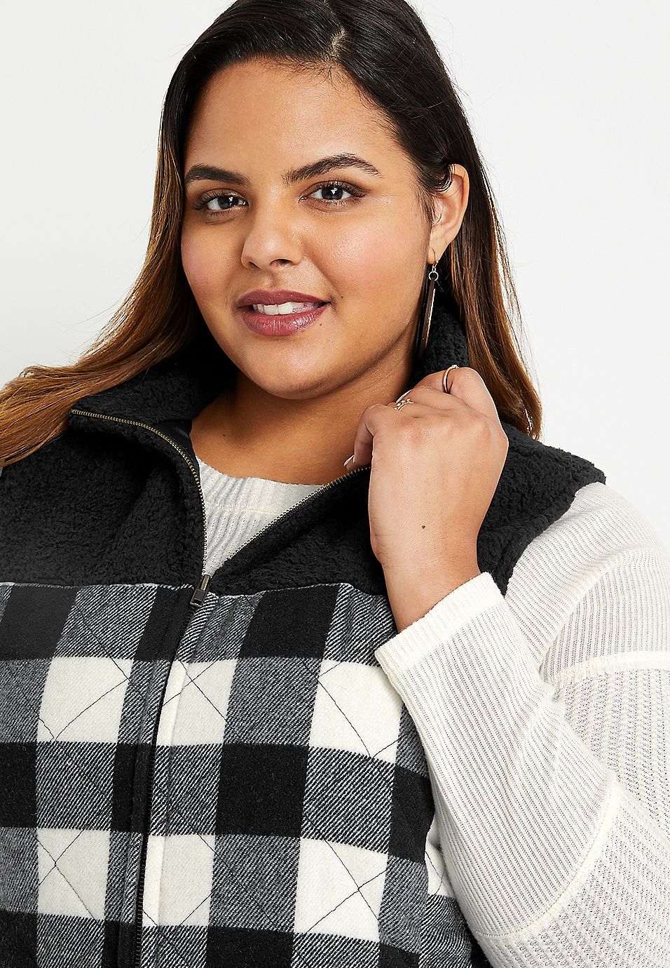 Plus Size Black Buffalo Plaid Sherpa Block Vest | Maurices