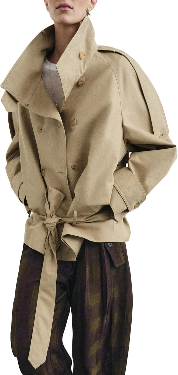 Cropped Trench Coat for Women Funnel Neck Double Breasted 2026 Trendy Fall Outfits Short Spring J... | Amazon (US)