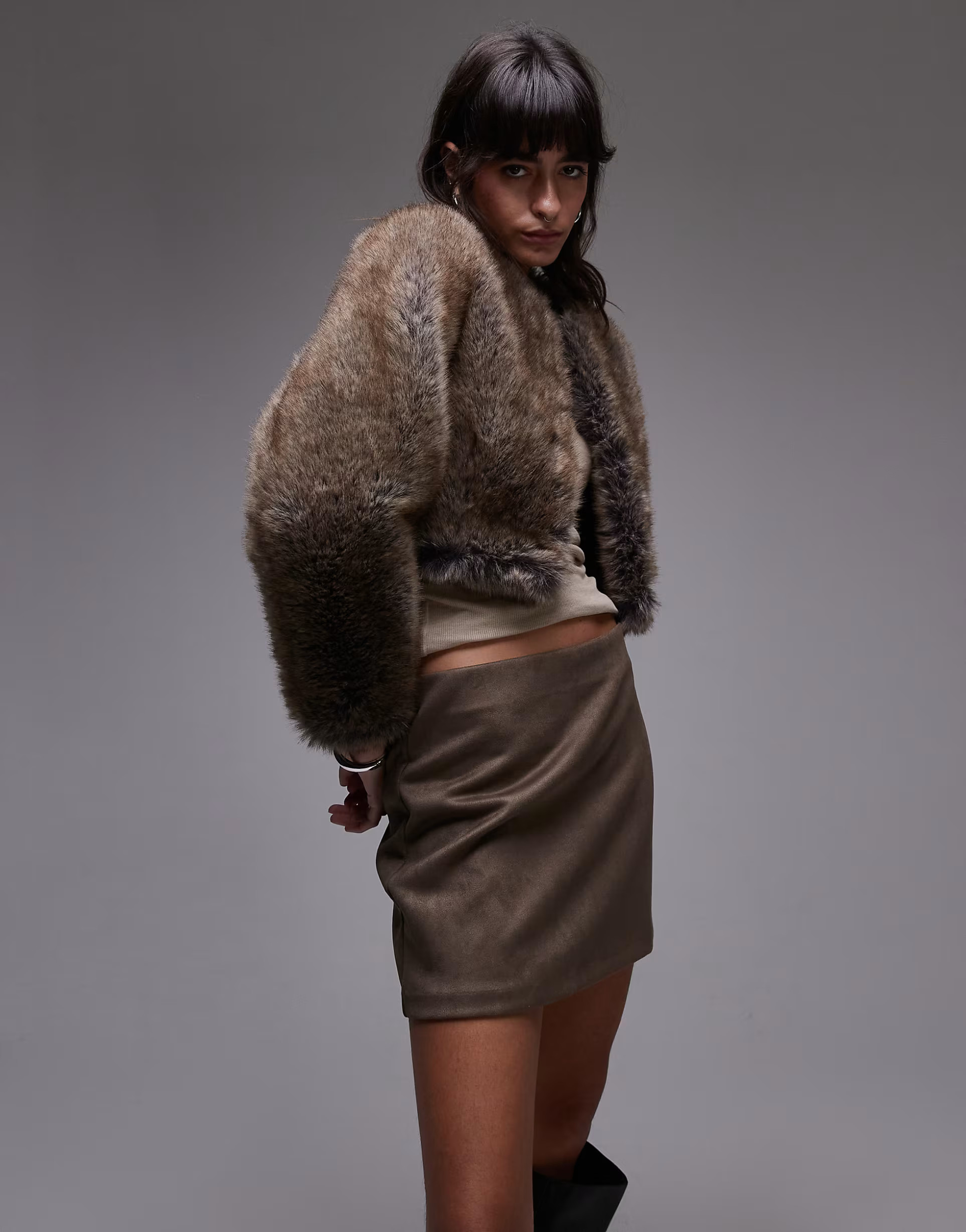 Mango cropped mixed faux fur jacket in brown | ASOS (Global)