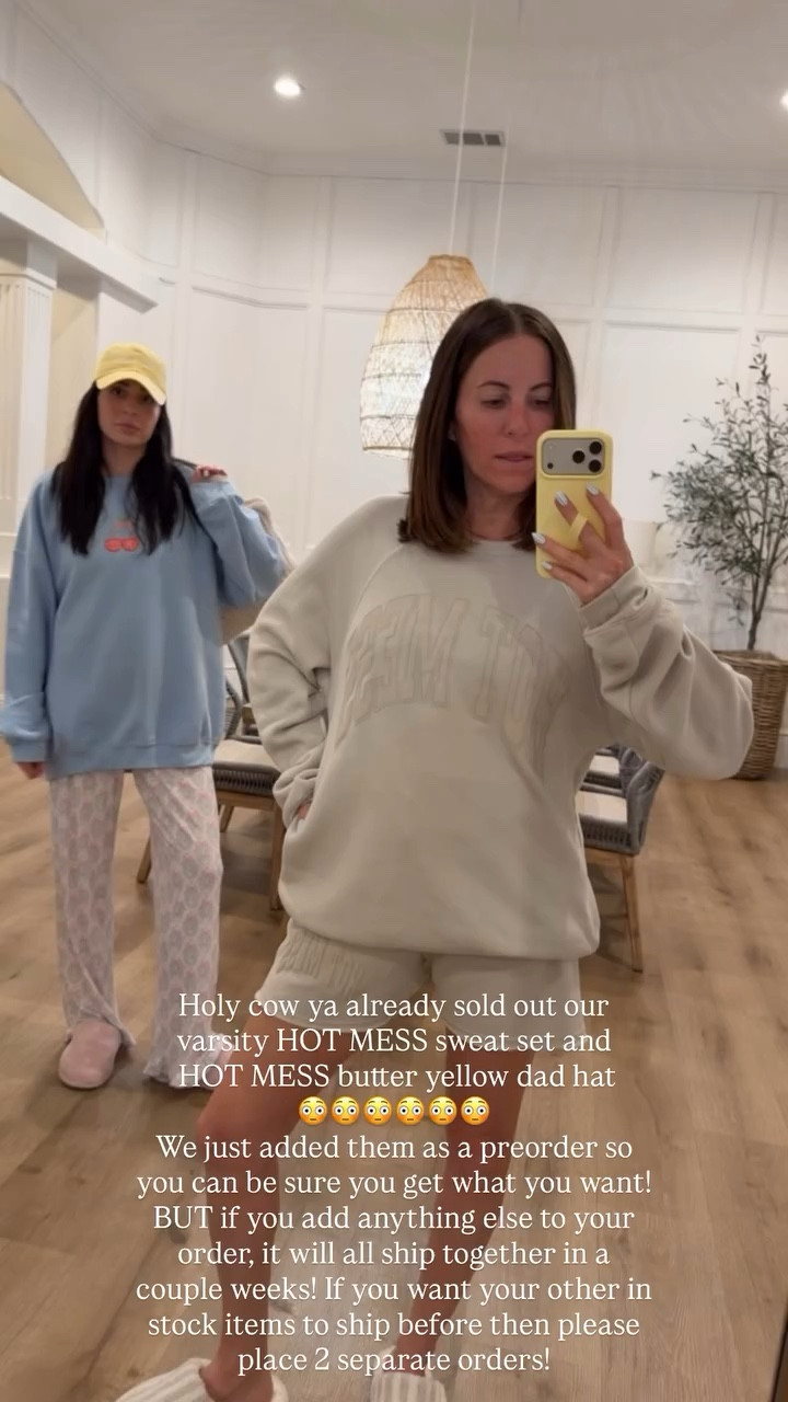 Holy cow ya already sold out our varsity HOT MESS sweat set and
 HOT MESS butter yellow dad hat 
😳😳😳😳😳😳
We just added them as a preorder so you can be sure you get what you want! BUT if you add anything else to your order, it will all ship together in a couple weeks! If you want your other in stock items to ship before then please place 2 separate orders!