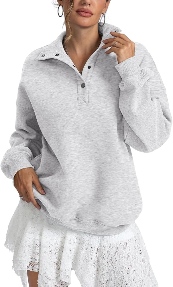 Womens Fleece Sweatshirts Oversized Henley Neck Long Sleeve Button Pullover Tops Trendy Outfits C... | Amazon (US)