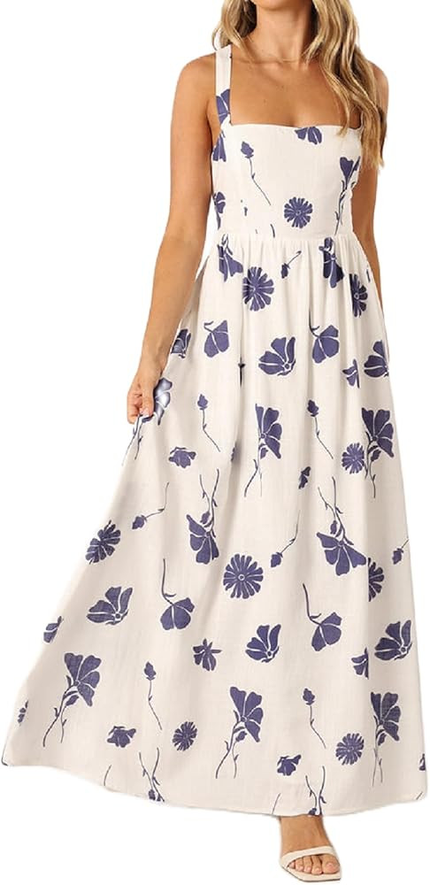 Juakoso Women's Blue S/M/L Spaghetti Strap Square Neck Open Back A-Line Summer Dress | Amazon (US)