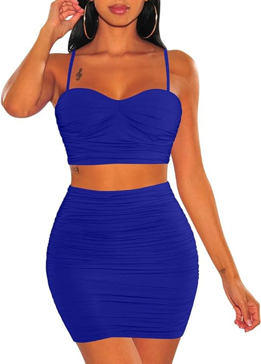BEAGIMEG Women's Spaghetti Strap Sexy Top Bodycon Skirt Ruched 2 Piece Mini Dress | Amazon (US)