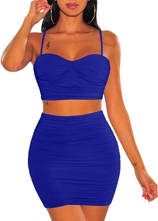 BEAGIMEG Women's Spaghetti Strap Sexy Top Bodycon Skirt Ruched 2 Piece Mini Dress | Amazon (US)