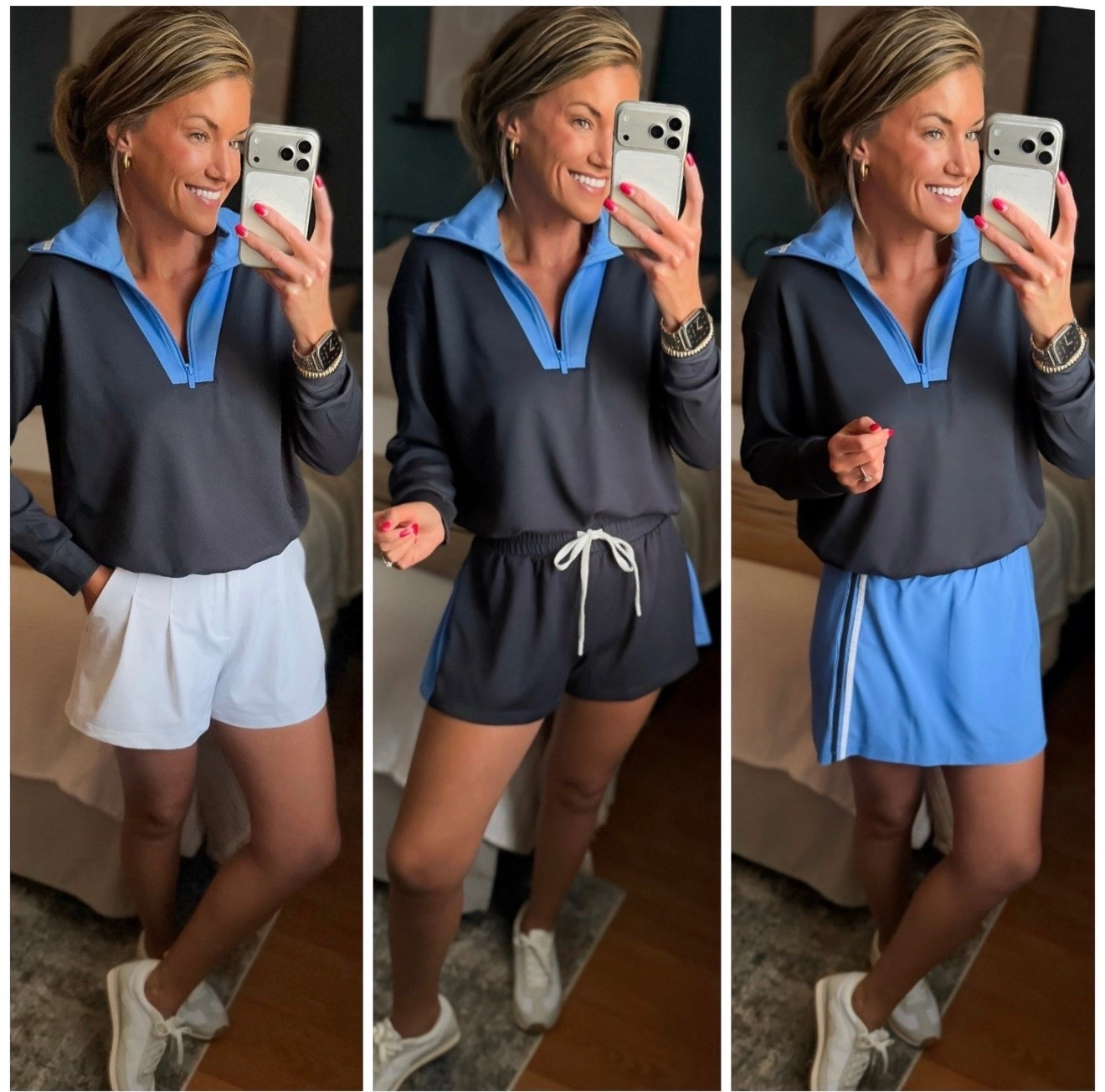 Target finds 🎯 
Top/ small 
White shorts/ small (size down if between)
Blue shorts/ medium
Skort/medium