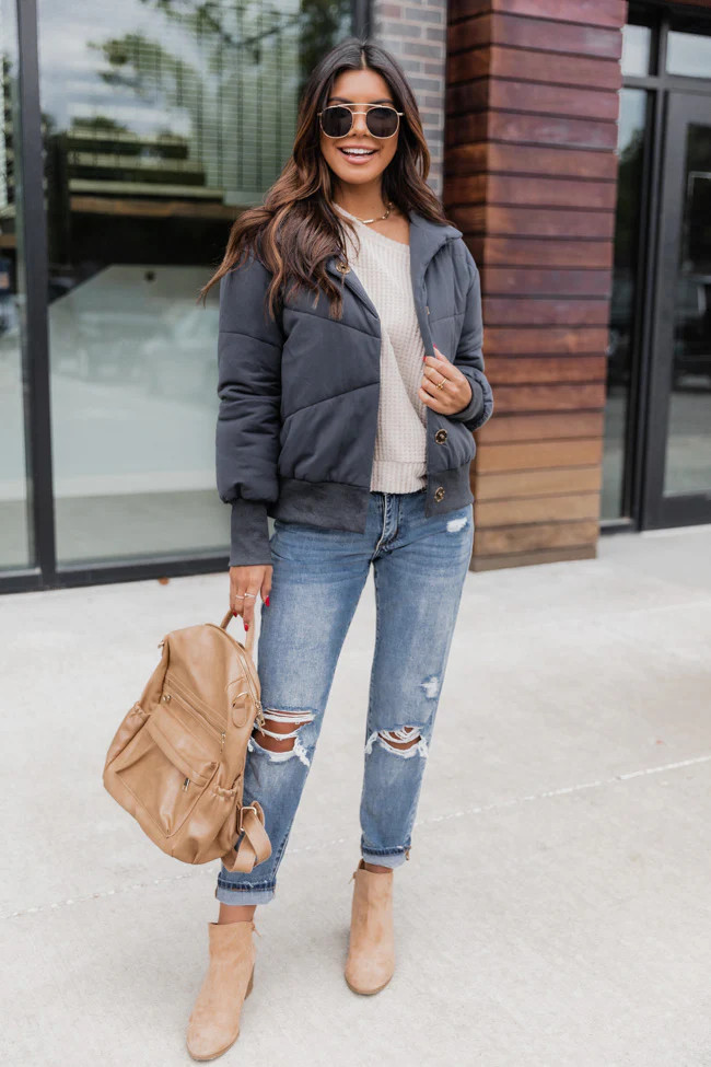 Perfect Storm Charcoal Bomber Jacket | The Pink Lily Boutique