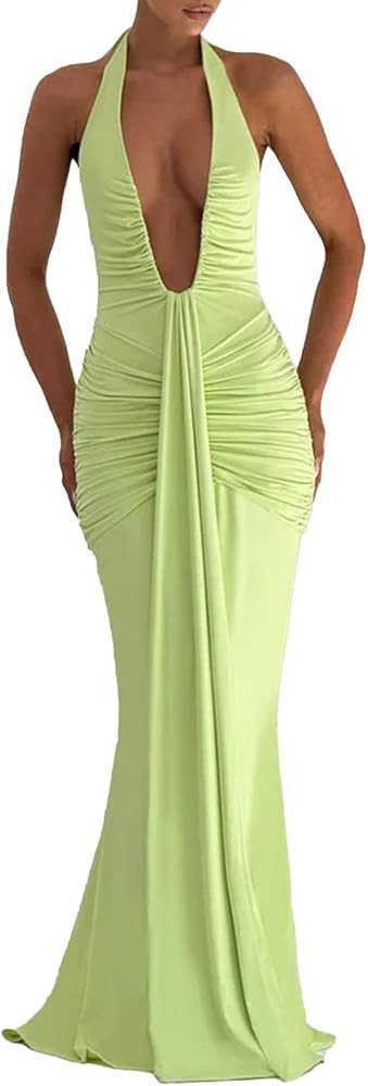 Women Deep V Neck Ruched Maxi Dress Sleeveless Halter Gown Cocktail Evening Formal Dresses | Amazon (US)