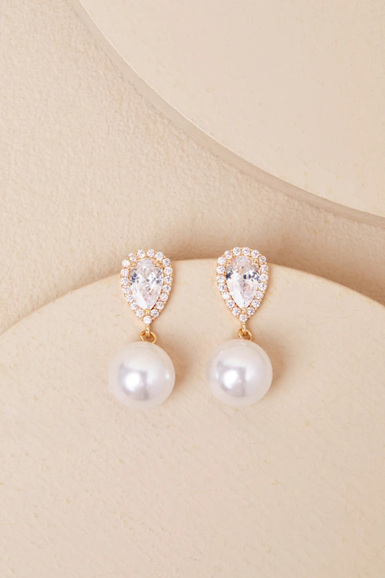 Miona Gold and White Pearl Rhinestone Drop Earrings | Lulus