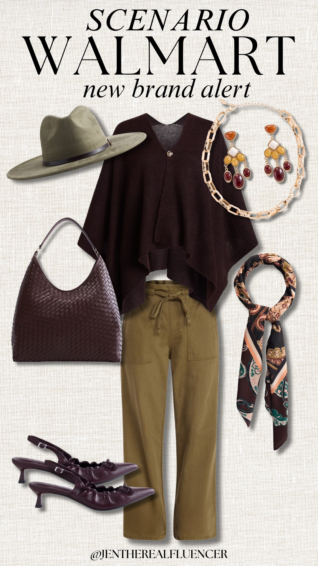 SCENARIO at WALMART!

Faux Suede Olive Fedora with Mix Media Media Band

Gold-Tone Chunky Twist Chain Necklace

Gold‑Tone Drop Earrings with Multicolor Resin Accents

Teal Printed Square Scarf - tie around your neck or the side of your bag!

Warm Chocolate Faux Leather Woven Hobo Shoulder Bag

Carob Button Front Ruana - sizes S/M and L/XL

Washed Green Pull On Wide Leg Jeans - 30" inseam, sizes XS-XXXL

Burgundy Scrunch Slingback Heels - sizes 6-11 

 #LTKootd #LTKWorkwear #LTKTravel