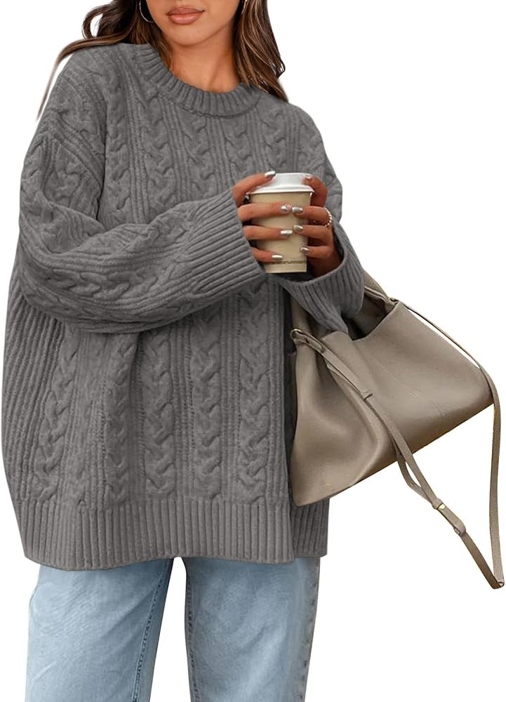 Okiwam Women's Oversized Sweaters Crewneck Cable Knit Pullover Casual Loose Fall Outfits Fashion ... | Amazon (US)