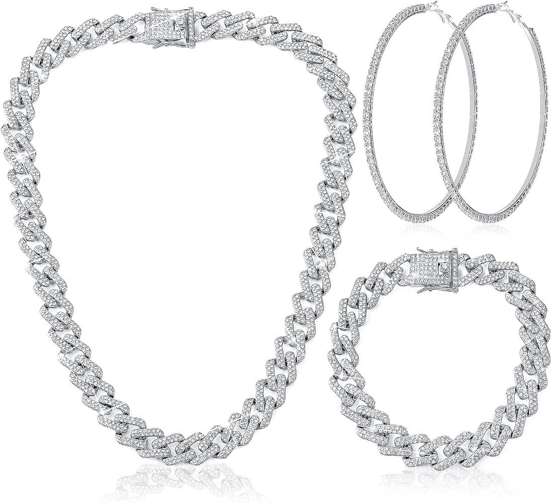 3 Pcs Cuban Link Chain Necklace Bracelet Rhinestone Hoop Earrings Set Bling Crystal Diamond Hip H... | Amazon (US)