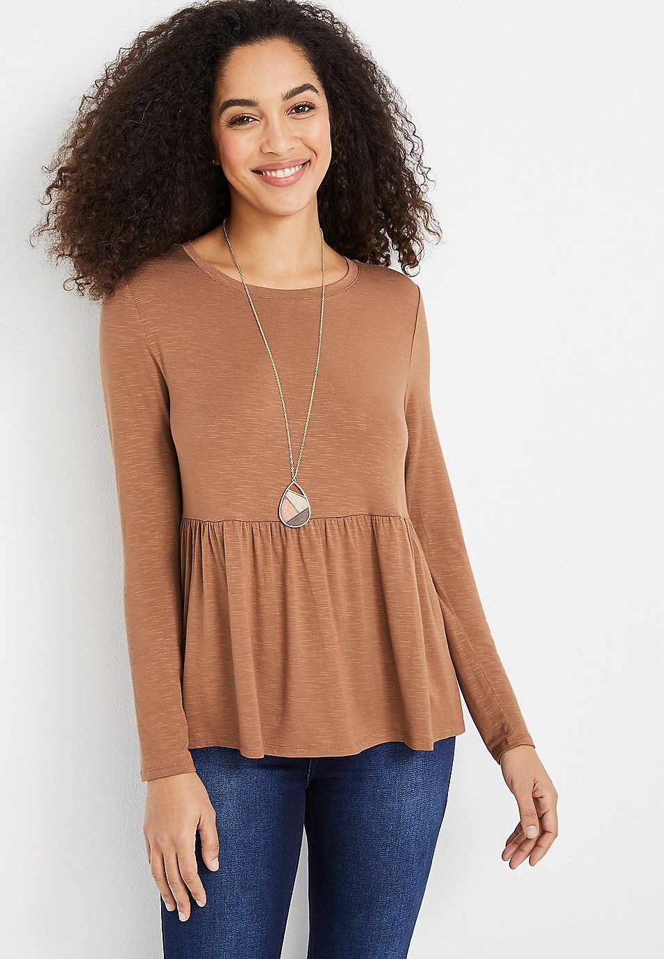 24/7 Solid Long Sleeve Peplum Top | Maurices