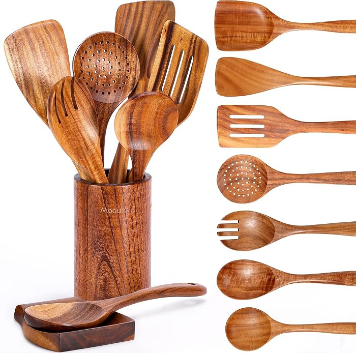 Mooues Juego de utensilios de cocina de madera de teca natural de 9 piezas con soporte para cucha... | Amazon (US)
