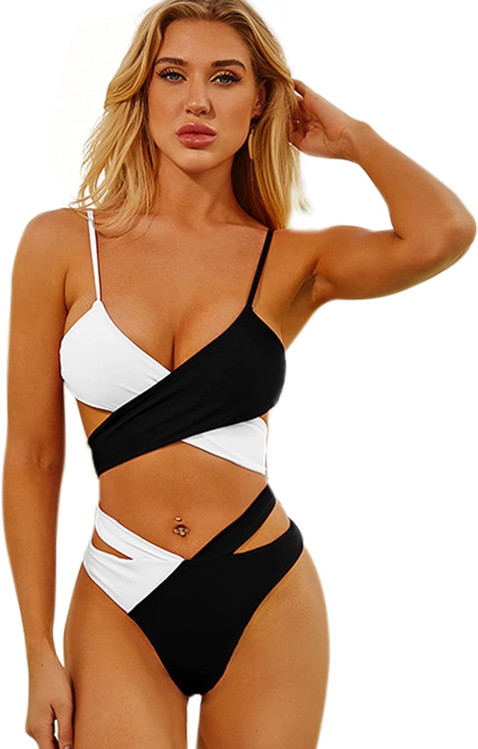 Tofern Women Cross Bikini Sets Two Piece Bandage Back Tie High Waisted Quick Dry Push Up Swimsuit... | Amazon (US)