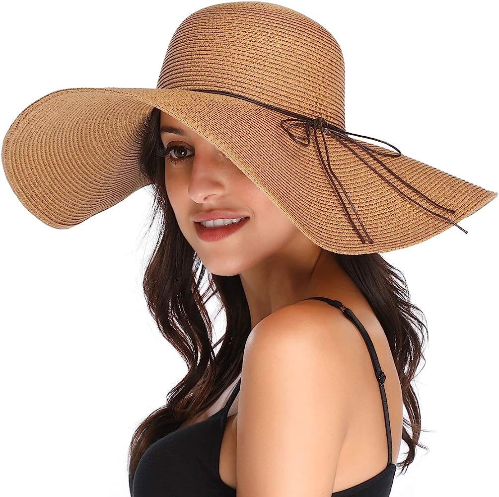 Womens 5.5 Inches Wide Brim Straw Hat Floppy Foldable Roll up Cap Beach Sun Hat UPF 50+ | Amazon (US)
