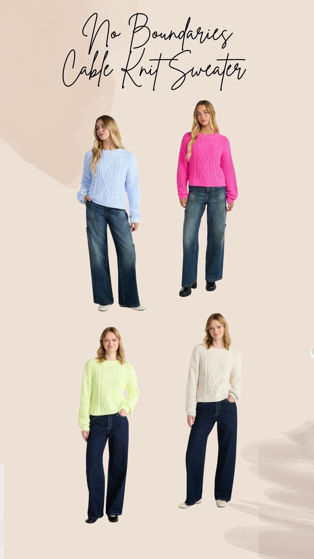 No Boundaries cable knit sweaters in bright colors!
#walmart
#walmartfashion
#sweater
#wintetstyle

#LTKgrwm