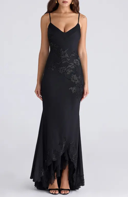 HOUSE OF CB Anastelle Embellished Satin Mermaid Gown in Black at Nordstrom, Size Small | Nordstrom
