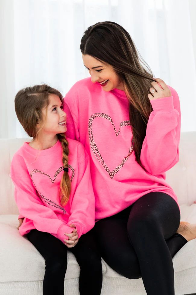 Animal Print Sketched Heart Safety Pink Kids Graphic Sweatshirt | The Pink Lily Boutique