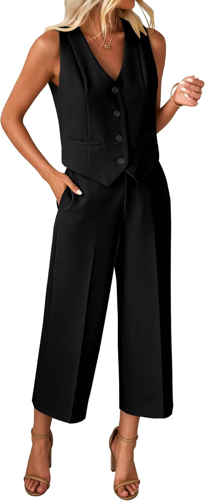 luvamia Pant Suits for Women Dressy Casual 2 Piece Sets Sleeveless Blazer Vest with Wide Leg Capr... | Amazon (US)