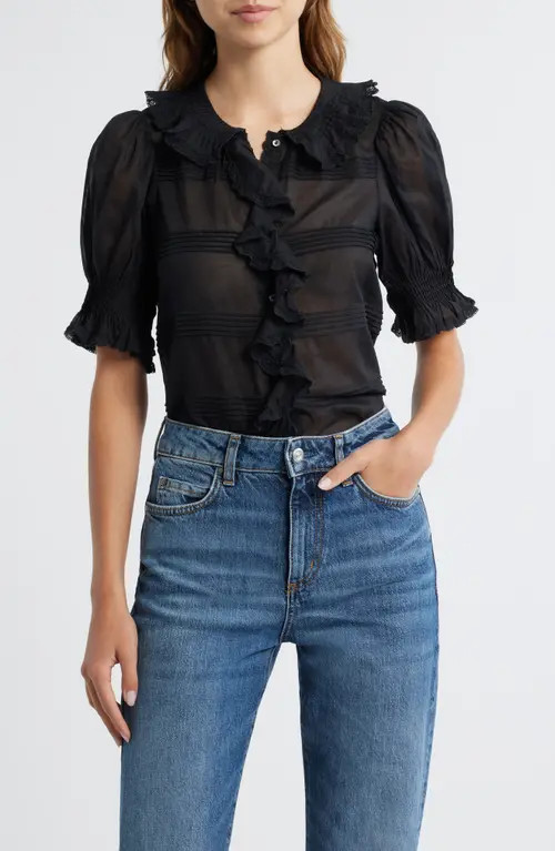 DÔEN Balsam Pintuck Ruffle Organic Cotton Button-Up Top in Black at Nordstrom, Size Small | Nordstrom