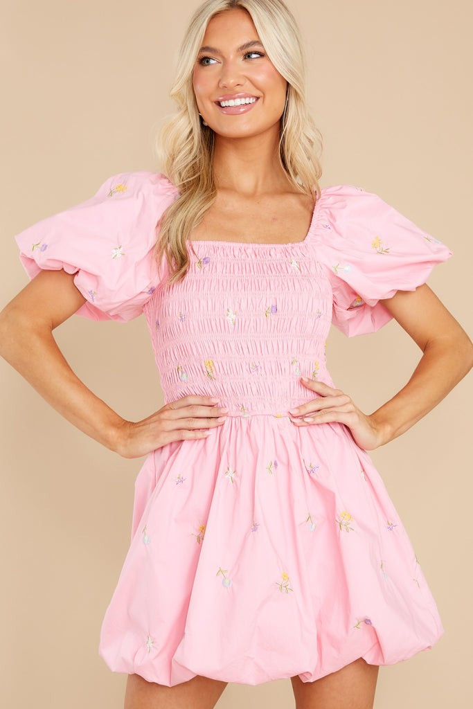 Botanical Cutie Pink Embroidered Puff Sleeve Dress | Red Dress 